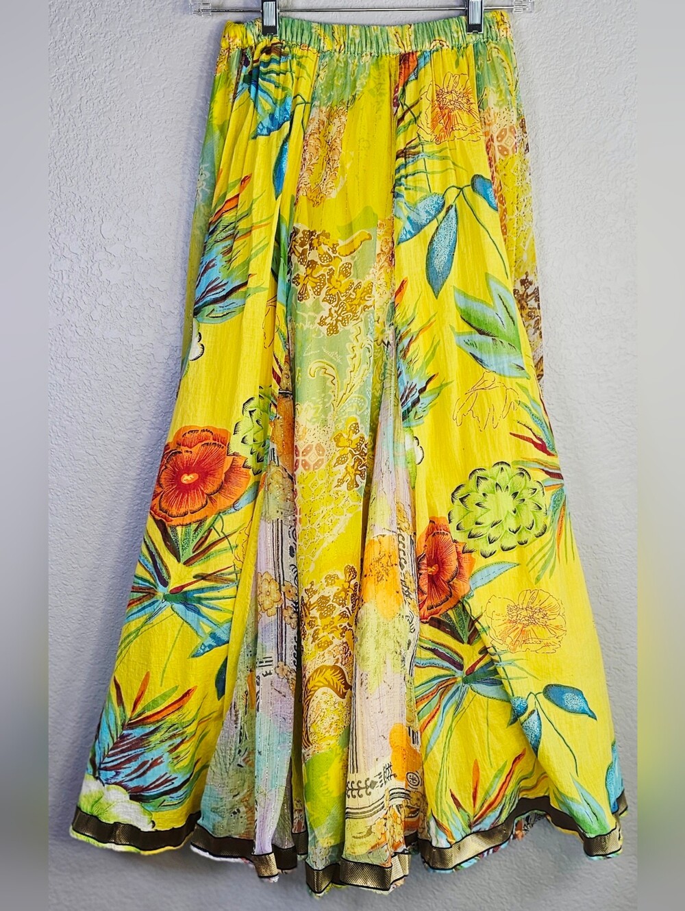 Soft Surroundings Yellow Tropical Patchwork Maxi Skirt Women's Medium Boho Rayon